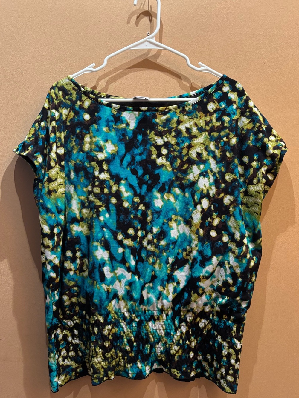 Worthington Abstract Print dolman Short Sleeve Top Lined semi-sheer Size XL